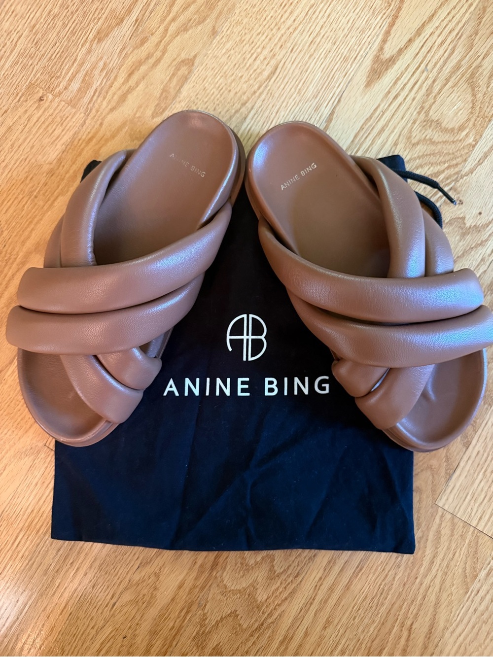 Anine Bing Cognac Padded Crossover Slide Sandals 38